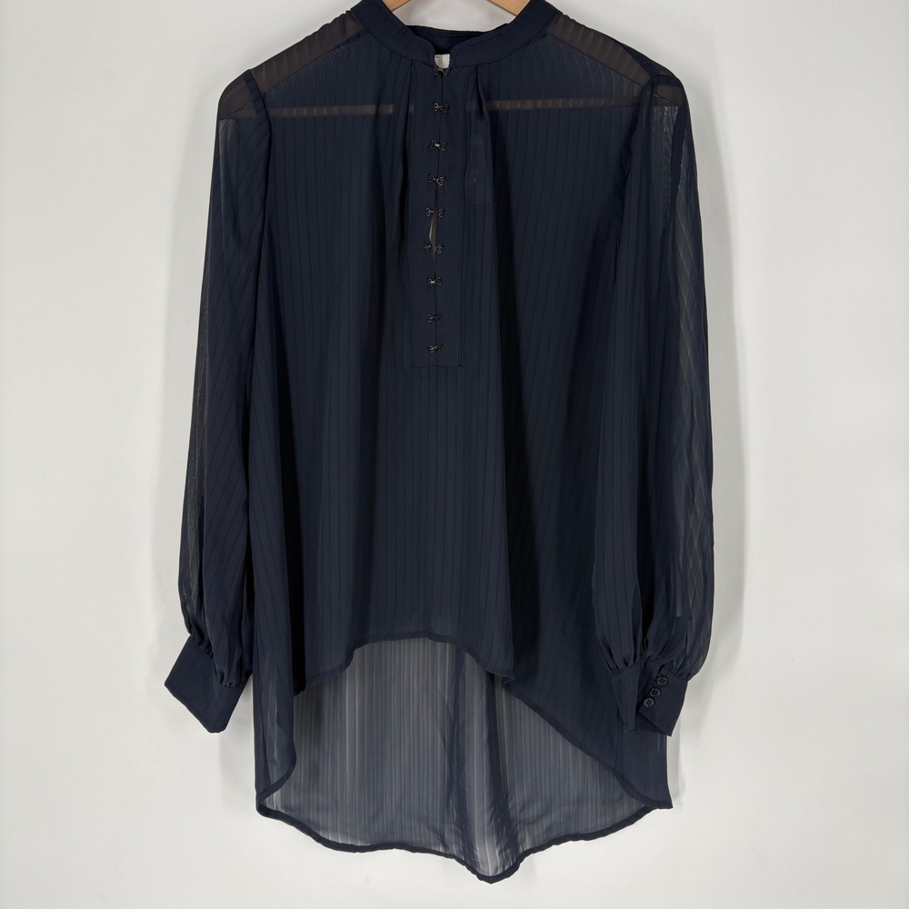 RO & DE Womens Navy Blue Sheer High Low Top Size M Mandarin Collar Stripe